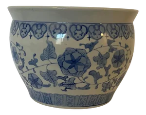 Vintage 1970s Chinese Hand Painted Greek Key Blue & White Planter / Fish Bowl Jardiniere