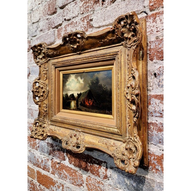 Wood 19th Century Continental School -Under the Moon Nite Campfire-Oil Painting For Sale - Image 7 of 10