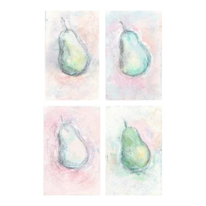 Pears Blushing Series (4) Monoprint 4*6r Modern Still Life Repro Green Yellow Pink by Carrie Bergey