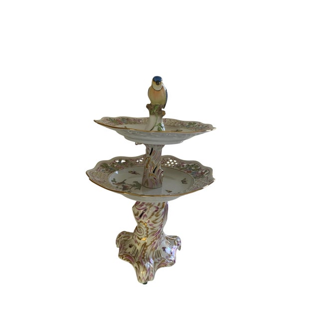 Vintage Herend Rothschild Bird 2-Tier Openwork Porcelain Cake Stand Figural Bird Finial Model 7442&nbsp; Made in Hungary...