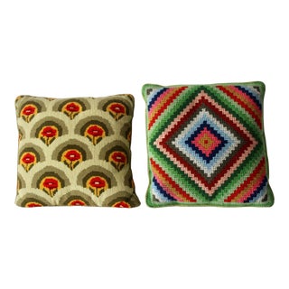 1970's Psychedelic Needlepoint Square Pillows Vintage- Set of 2 For Sale