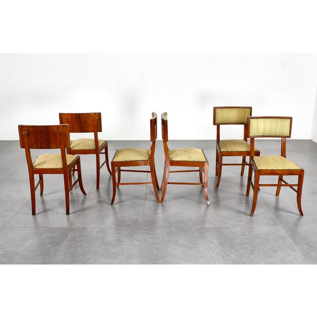 1960s Mid-Century Italian Wood and Yellow Fabric Chairs, 1960s, Set of 6 For Sale - Image 5 of 16