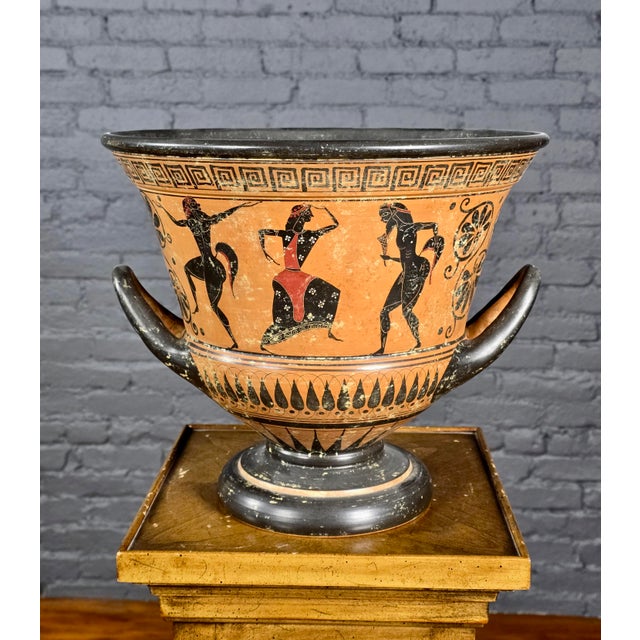 Mediterranean Greek Attic Style Pottery Krater W/Black Figures of Warriors & Dancers For Sale - Image 3 of 13