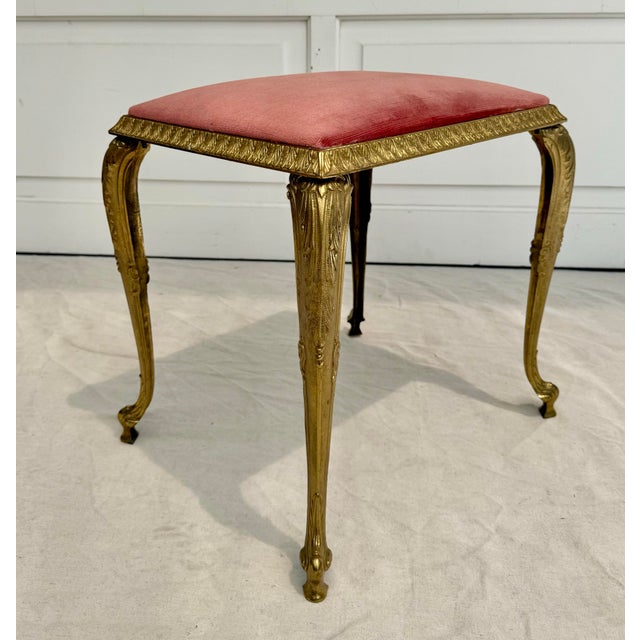 Louis XVI Rocco Style Brass Cabriole Leg Pink Upholstered Vanity Bench Stool For Sale - Image 12 of 12