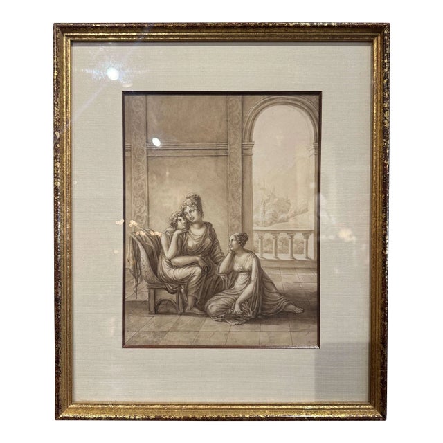 19th Century French Neoclassical "Grisaille" Painting on Paper in Giltwood Frame For Sale
