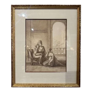19th Century French Neoclassical "Grisaille" Painting on Paper in Giltwood Frame