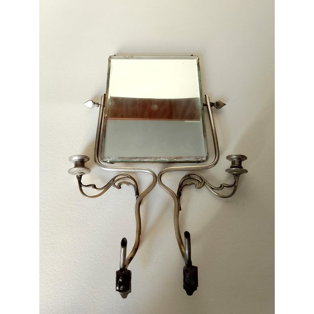 Nickel-Plated Wrought Iron Mirror with Candleholder and Clamps, 1930s, in Good conditions. Designed 1920 to 1949