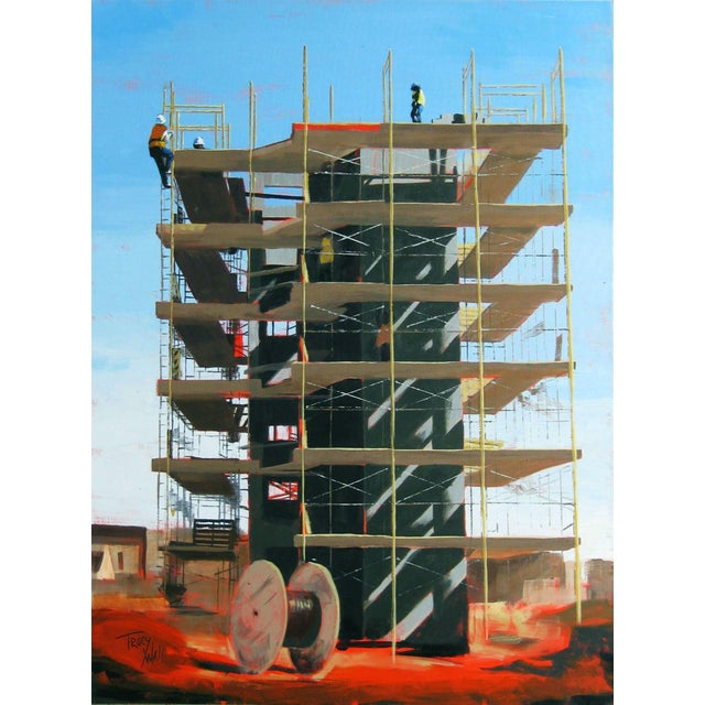 This oil painting depicts a towering construction site, with workers navigating the scaffolding against a bright blue sky....