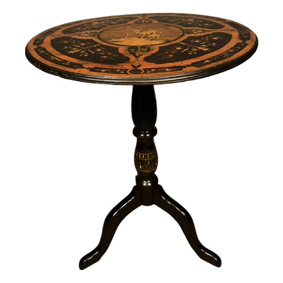 Handmade Swiss Tilt-Top Tea Table With Exotic Wood Inlay, Mother-of-Pearl & Faux Bronze Decoration, Circa 1860 For Sale