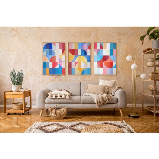 2025, Abstract Geometric Bauhaus Large Triptych of Vivid Blossoming Arcs, Acrylic Paint on Watercolor Paper by Natalia Roman For Sale - Image 9 of 11