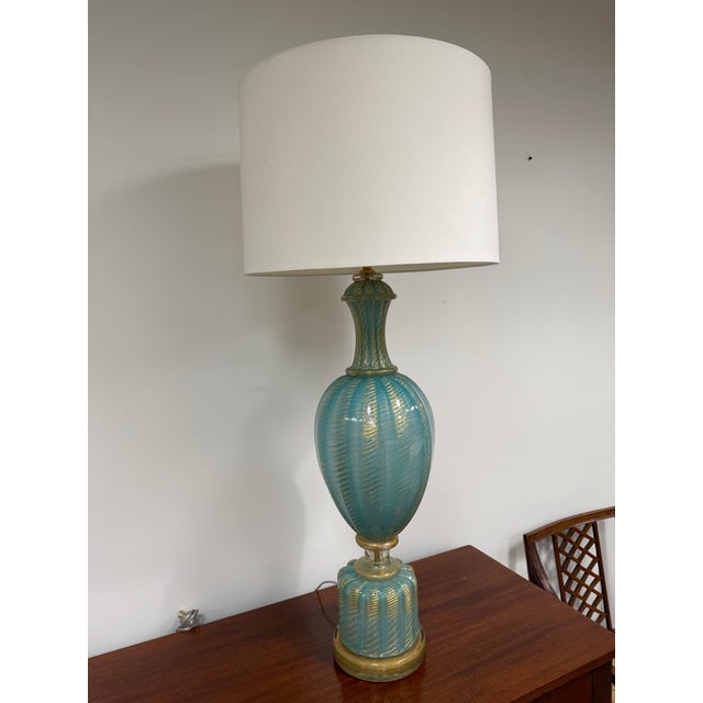 Mid 20th Century Monumental Barovier & Toso Aqua With Gold Inclusions Murano Table Lamp For Sale In Little Rock - Image 6 of 9