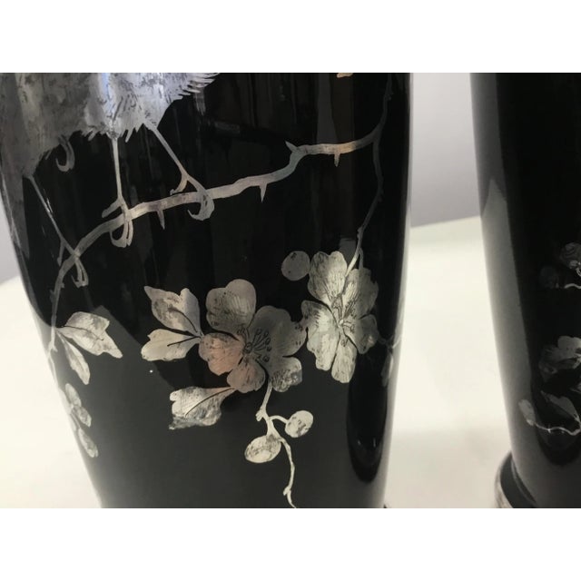 Black 1920s Black Glass Silver Overlay Japanese Style Vases-a Pair For Sale - Image 8 of 12