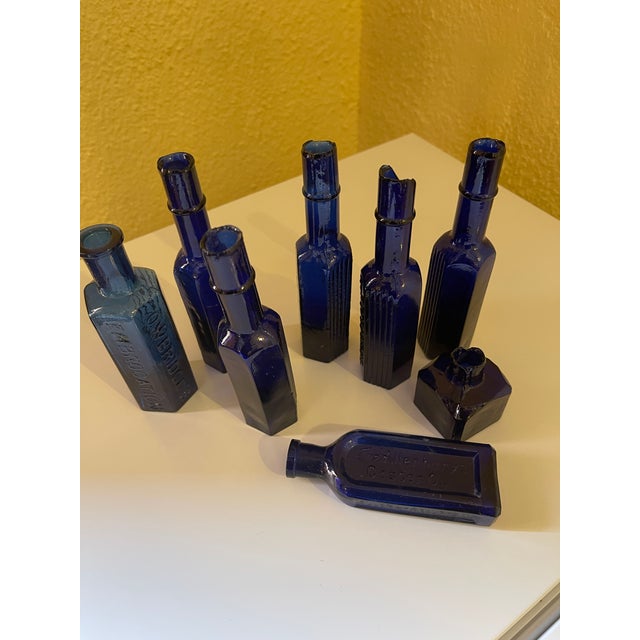 Glass Curated Collection of 6 Victorian Cobalt Blue Apothecary & Poison Bottles For Sale - Image 7 of 8