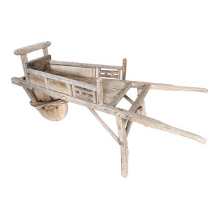 Antique Hand-Carved Wooden Wheelbarrow With Solid Wood Wheel, Chinese Folk Art For Sale