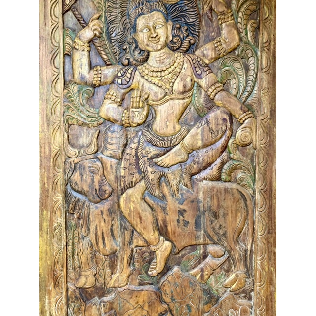 Vintage Hand-Carved Indian Deity Panel | Shiva & Goddess Wood Wall Art / Door Panel 84x41 For Sale In Orlando - Image 6 of 11