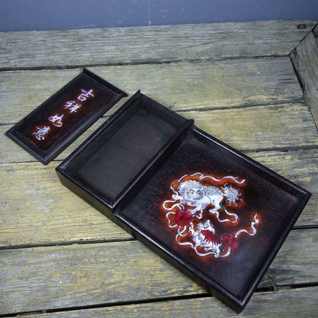 Wood Vintage Chinese Rosewood Mother-of-Pearl Inlay Tea Tray With Sliding Compartment, Twin Foo Lions For Sale - Image 7 of 9