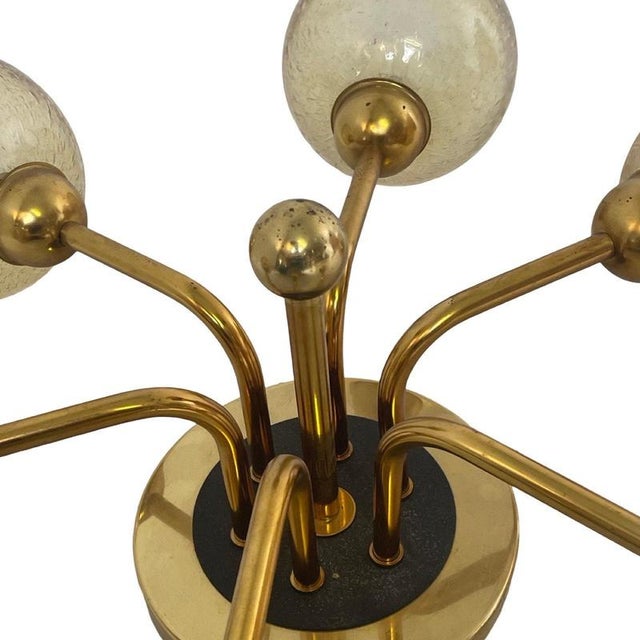 Metal Mid Century Modern / Atomic Age Sputnik Pendant Lamp with 6 Patterned Glass Shades from VEB Germany For Sale - Image 7 of 11
