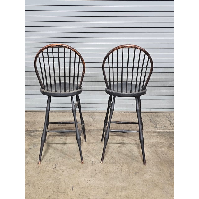 Late 20th Century Pair of Bench Made Black Windsor Chair Tall Stools by David T. Smith of Ohio For Sale - Image 10 of 11