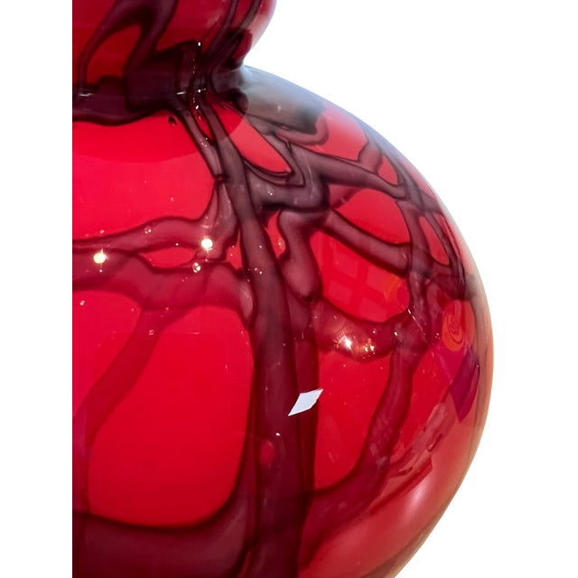 Glass Vintage Czech Art Deco Red Cased Glass Orb Vase With Black Web Drizzle Pattern Attributed to Kralik Glassworks For Sale - Image 7 of 12