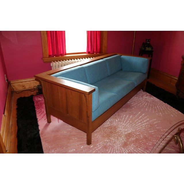 I purchased this Amish-made, quartersawn white oak, cubic panel sofa in 2003 for my formerly arts and crafts-styled living...