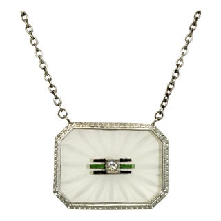 Art Deco Rock Crystal & White Gold Pendant Necklace – Diamond & Enamel – 1920s For Sale