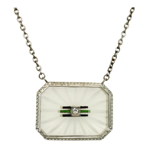 Art Deco Rock Crystal & White Gold Pendant Necklace – Diamond & Enamel – 1920s