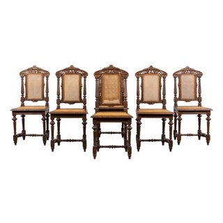Antique French Renaissance Revival Henri II Style Oak Cane Dining Chairs - Set of 6 For Sale