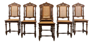 Antique French Renaissance Revival Henri II Style Oak Cane Dining Chairs - Set of 6