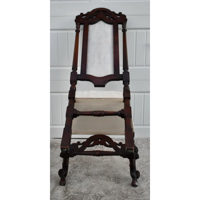 Walnut Accent Chair Carved High Back Jacobean Style William & Mary Stretcher 80s For Sale - Image 12 of 12