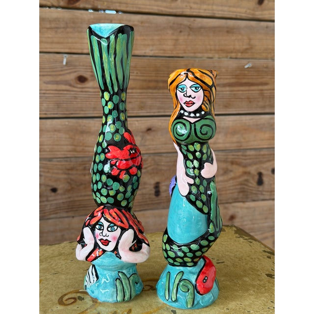 Ceramic Pair of Whimsical Hand-Painted Ceramic Mermaid Candlestick Holders For Sale - Image 7 of 9