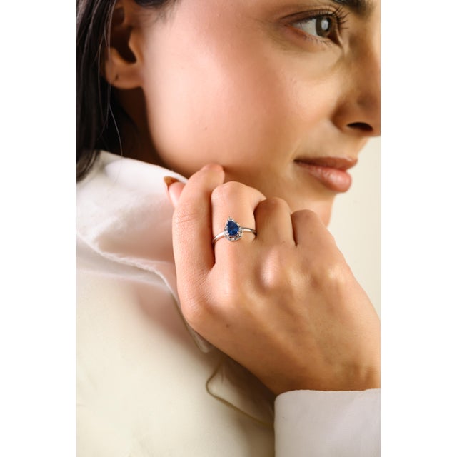 Navy Blue Natural Blue Sapphire Diamond Pear Engagement Ring Size 7 in 14k White Gold For Sale - Image 8 of 13