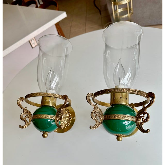 Pair Italian Green & Brass Faux Oil Lamp Wall Sconces For Sale In Palm Springs - Image 6 of 18