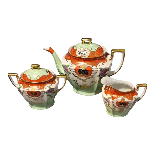 Vintage Asian Japanese Hand Painted Gilded Lusterware Tea Pot Creamer & Sugar Bowl For Sale