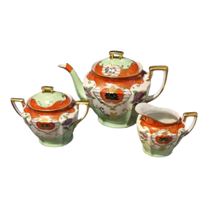Vintage Asian Japanese Hand Painted Gilded Lusterware Tea Pot Creamer & Sugar Bowl