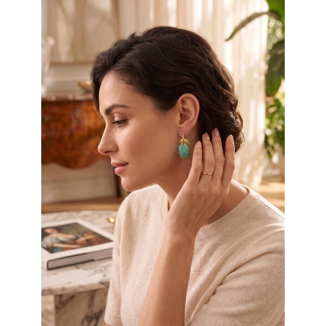 Vintage 14kt Yellow Gold Natural Turquoise Cabochon Earrings, Pair For Sale - Image 9 of 9