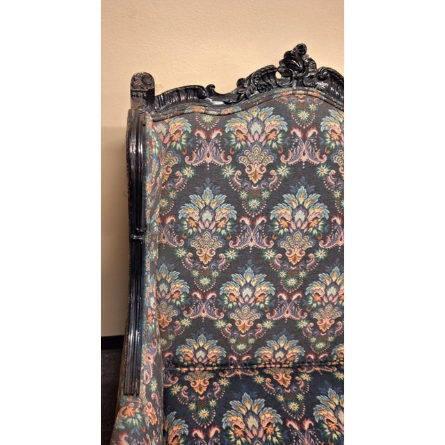 Early 20th Century Pr. Of Antique Rococo Style Paint and Hand Carved Upholstered Wingback Chairs - Set of 2 For Sale - Image 9 of 12