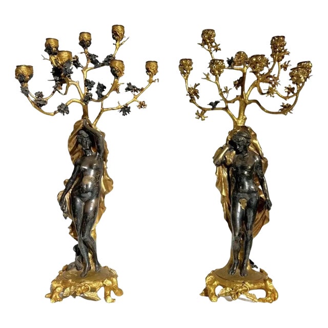 Exceptional 19th Century French Gilt and Silvered Bronze Candelabras - A Pair For Sale