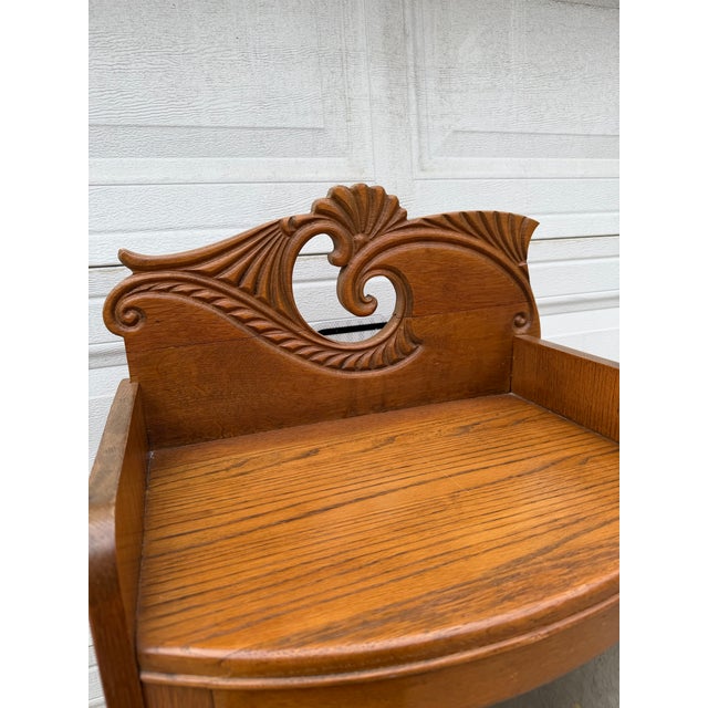 Antique Victorian Art Nouveau Oak Combination Secretary Desk and Curved Glass Bookcase With Ornate Carved Details For Sale - Image 4 of 12