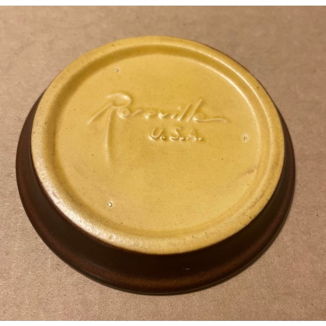 1930s Ext Rare #633-5 Roseville Pine Cone 2-Handled Flower Pot With Saucer Underplate Brown Green Blue Orig Stamp For Sale - Image 10 of 12