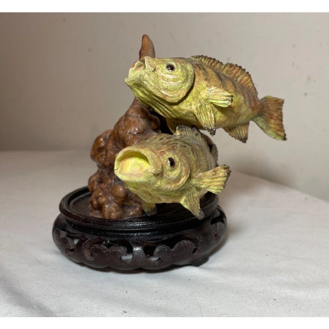 Folk Art Vintage Hand Carved Painted Wood Burl Fish Two Bass Sculpture Statue Figure Art For Sale - Image 3 of 11