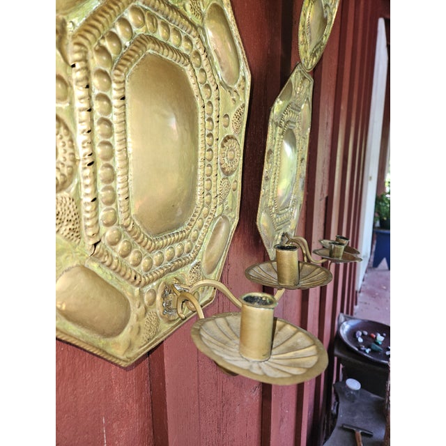 Late 19th Century Antique Pair of Hammered Brass Folk Art Swedish Two Arm Sconces - Set of 2 For Sale - Image 5 of 7
