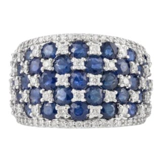 4.11ct Blue Sapphire Diamond Cluster Chunky Dome Ring in 18k White Gold For Sale