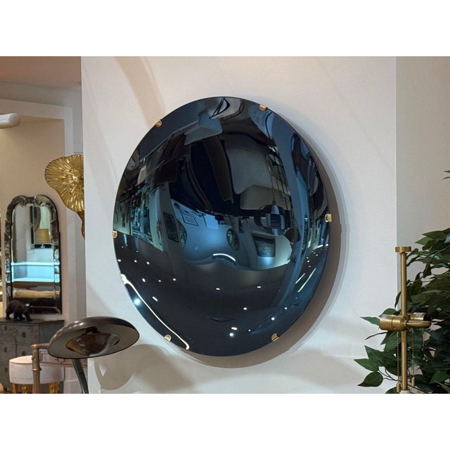 Contemporary, Modern Space Age Wall Mirror, Blue Concave Glass, Brass For Sale - Image 9 of 9
