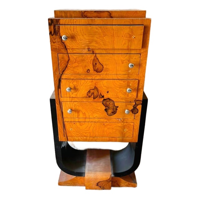 Art Deco Burl Wood Chest of Drawers With Sculptural Black Base & Five Drawers For Sale