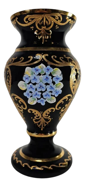Bohemian High Enameled Hand-Painted Vase – Black Amethyst Glass, 24k Gold