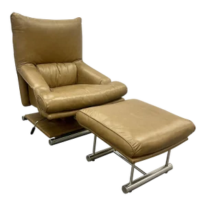 Vintage Leather Swivel, Lounge Chair With Ottoman, Percival Lafer Style, Steel