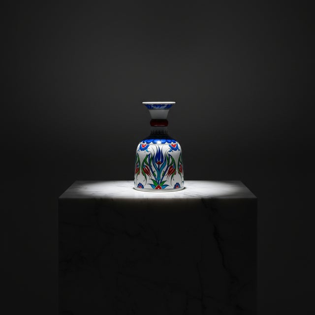 Handmade Ceramic “Bell” Vase (20cm) – Blue Tulips & Red Neck Ring – Traditional Bell Form For Sale - Image 9 of 9