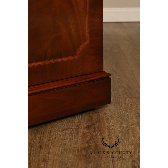 Karges English Style Mahogany Breakfront China Cabinet Display Bookcase with Carved Pediment and Silk Backing For Sale In Philadelphia - Image 6 of 18