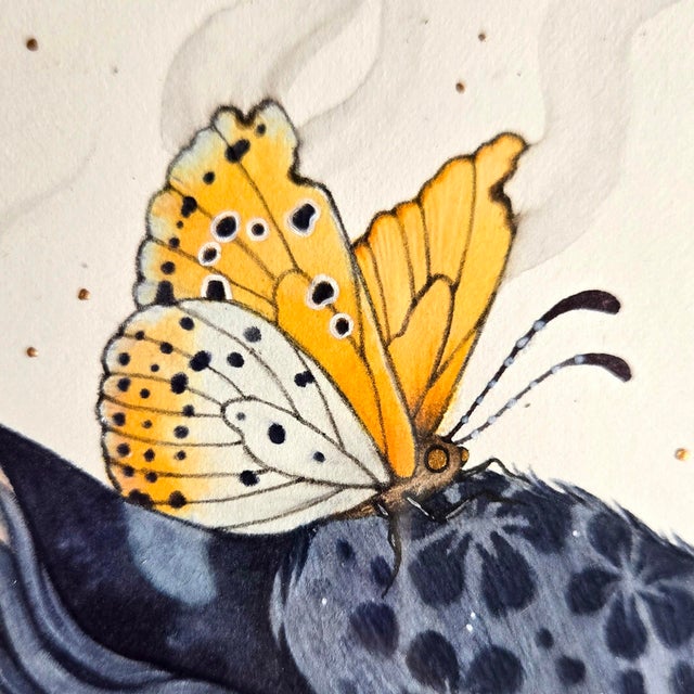 Amur Rarities by Nana Williams | Watercolor of a leopard's head with butterflies For Sale - Image 4 of 5
