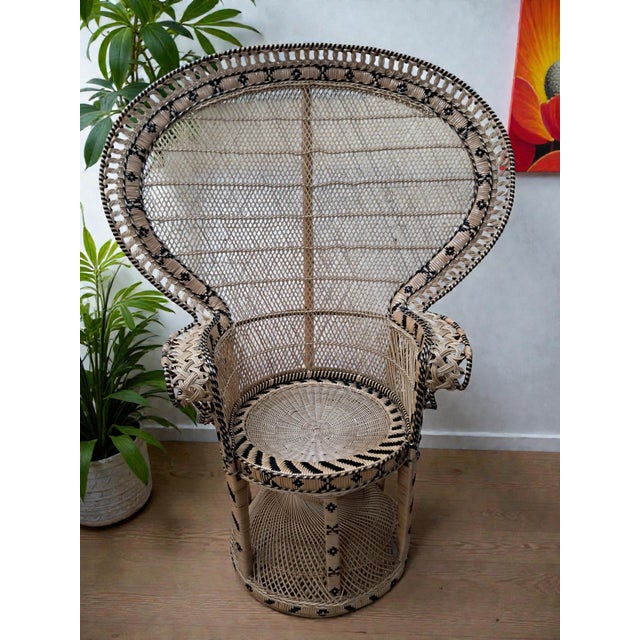 Wood Set of Large Mid-Century Wicker Rattan Peacock Chair and Ottoman, 1970s For Sale - Image 7 of 18